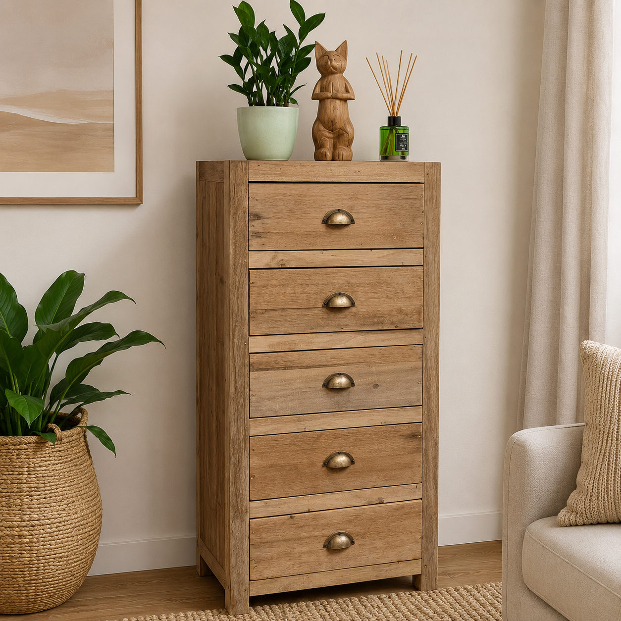 Wooden chest of drawers with decorative items in a living room setting