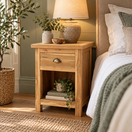 Recycled Wood Classic Bedside Table in reclaimed teak beside a bed, with a stone lamp on top and books and a trailing plant on the open lower shelf