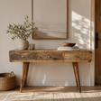 Reclaimed rustic wooden console table with decorative items in a room with natural light