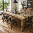 Dining room with a rustic wooden table and metal chairs, featuring a motivational sign on the wall.