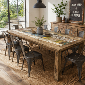 Dining room with a rustic wooden table and metal chairs, featuring a motivational sign on the wall.