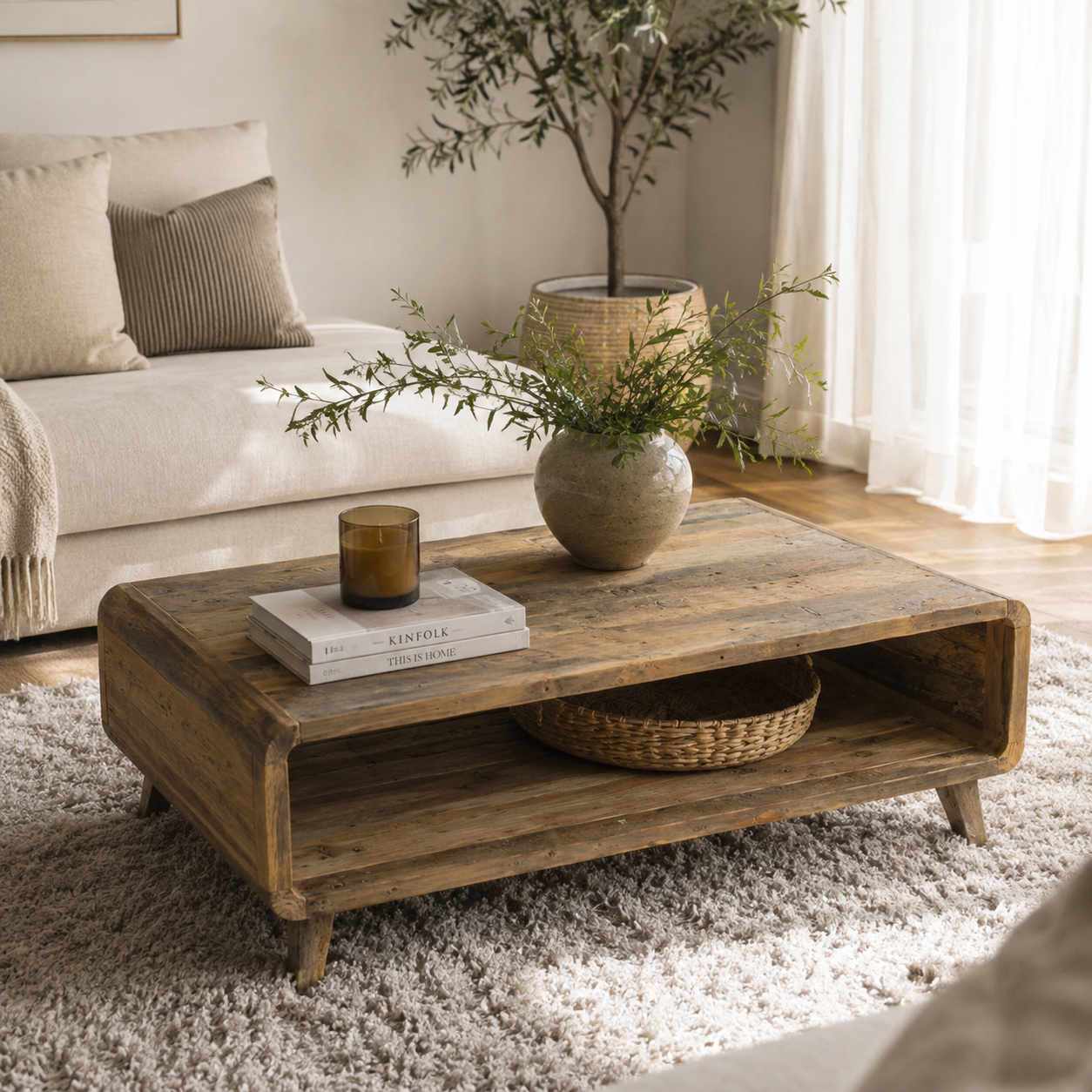 A rustic wooden coffee table with an open lower shelf, styled in a cosy living room setting with a vase of greenery, books, and a candle on top.
