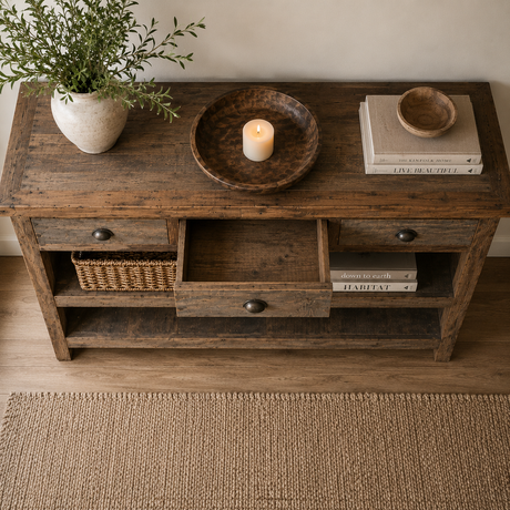 Wooden console table with decorative items including a plant, candle, and books in a room.