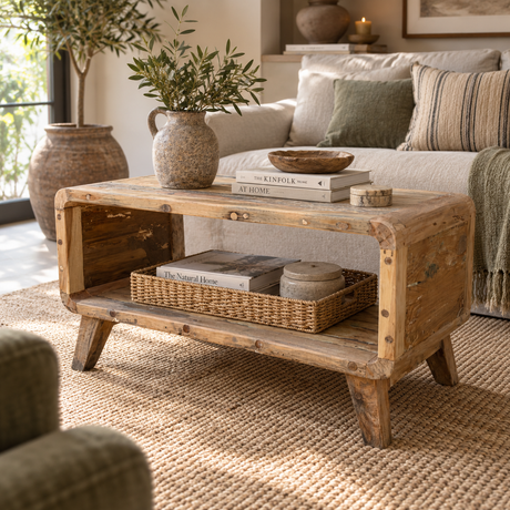 A rustic wooden coffee table with an open lower shelf and tapered legs, styled in a cosy living room with books, a wicker basket, and a vase on top.
