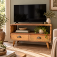 A rustic wooden TV stand with two drawers and open shelving, styled in a cozy living room setting with a television, books, bowls, and potted plants.