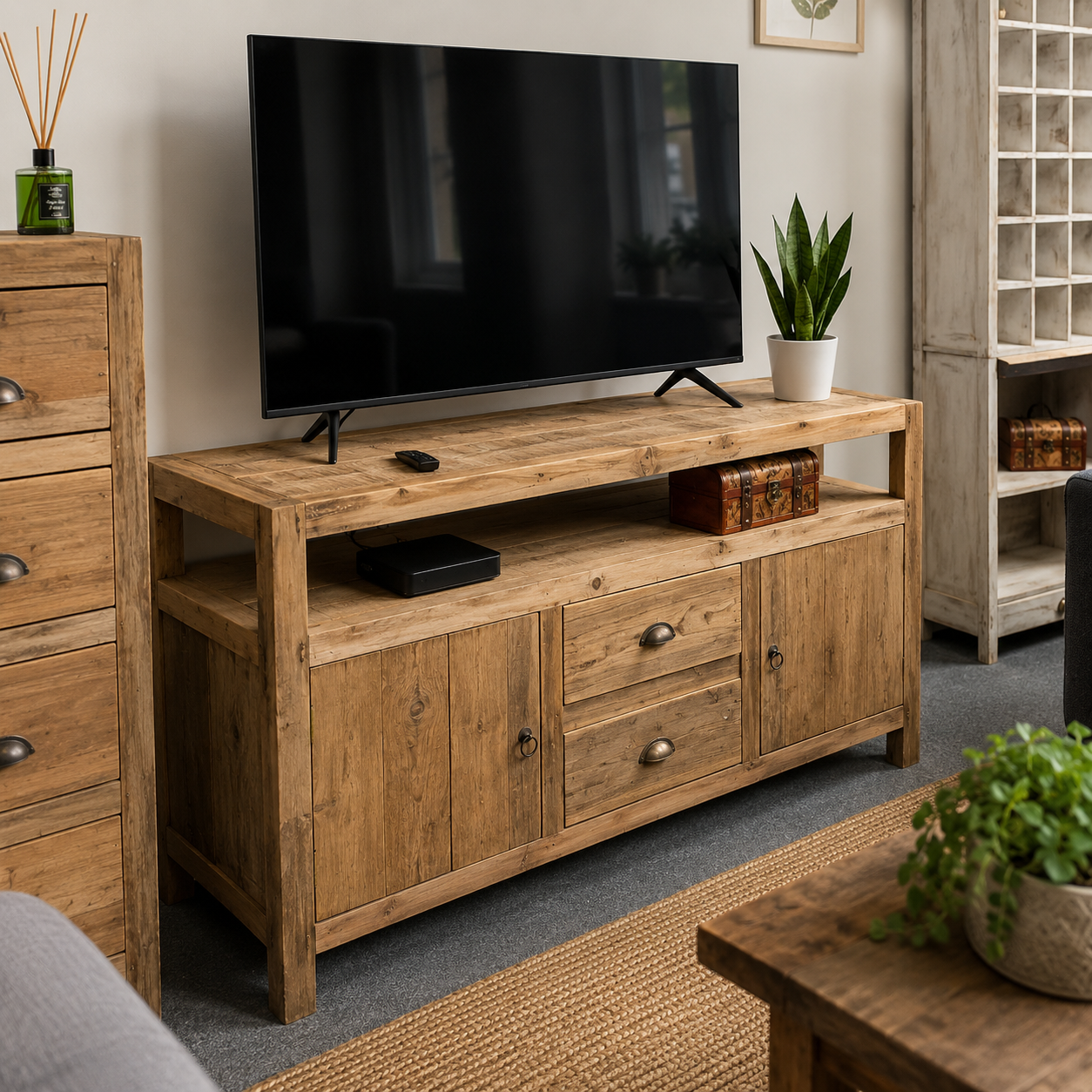 Wooden TV stand with a television mounted on it in a living room setting.