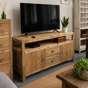 Wooden TV stand with a television mounted on it in a living room setting.