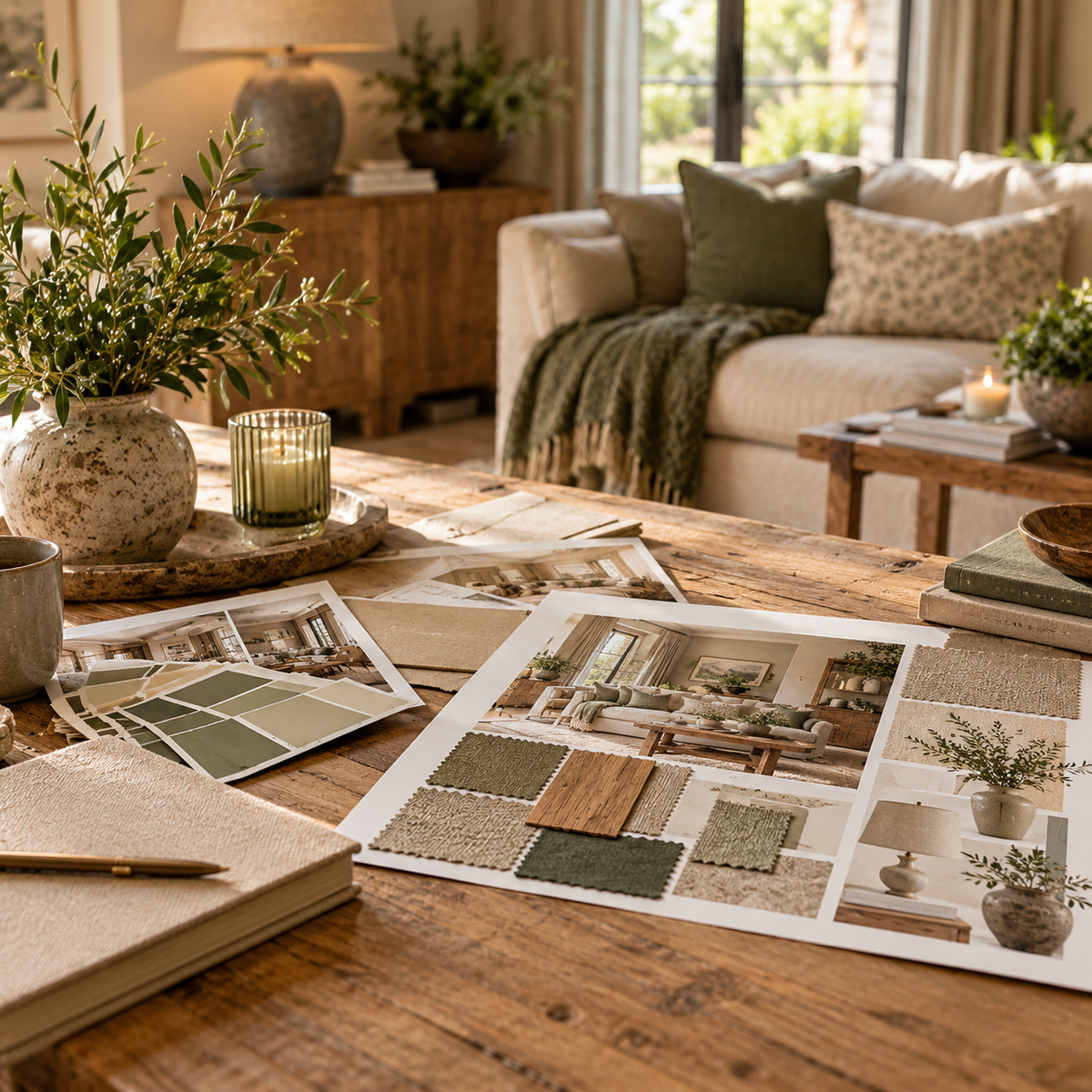 Room Refresh interior design moodboard on a rustic wooden coffee table, with sage and oatmeal fabric swatches, a wood sample, colour cards and room visuals