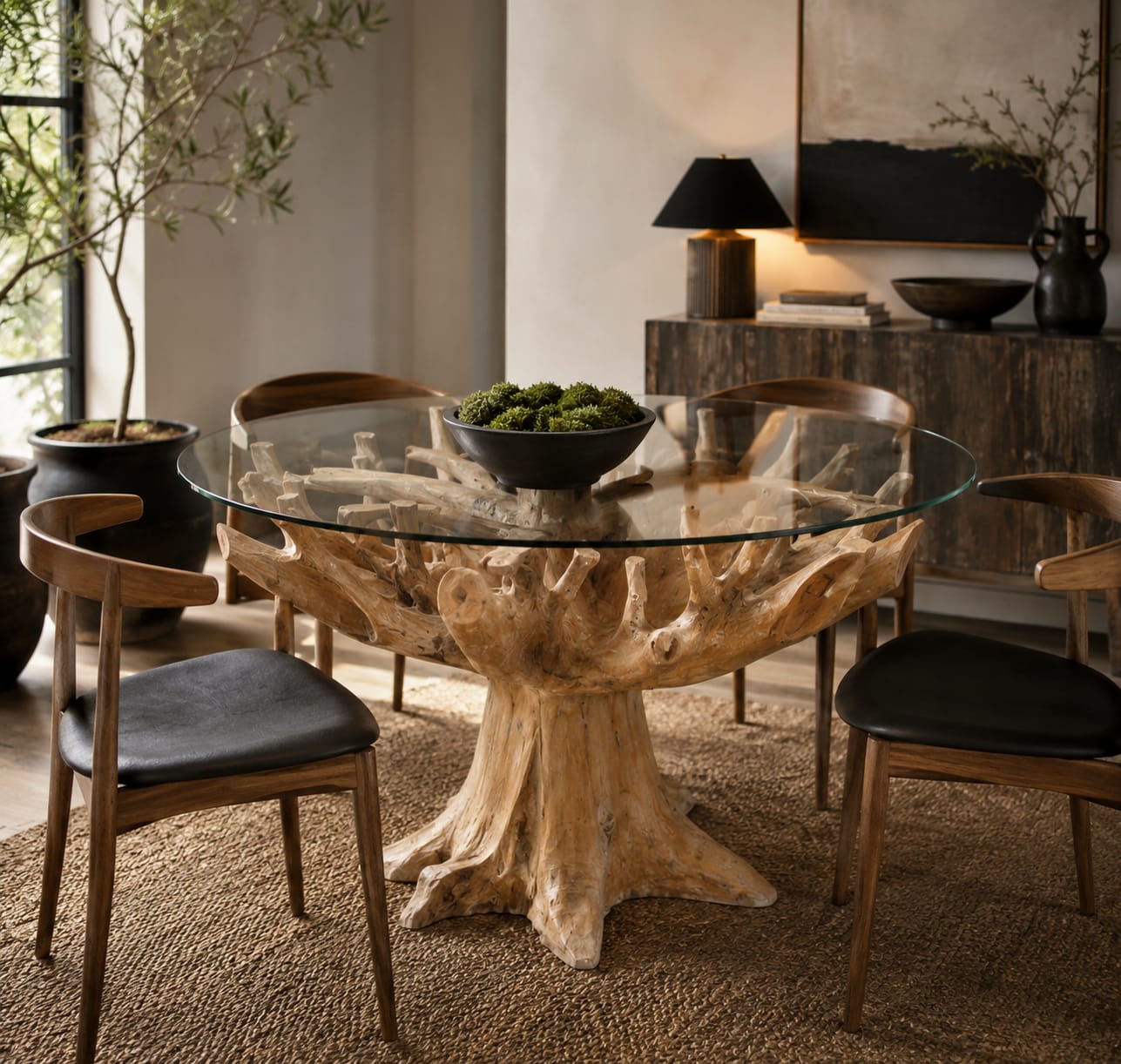 Dining room with a unique teak root wooden table and chairs.