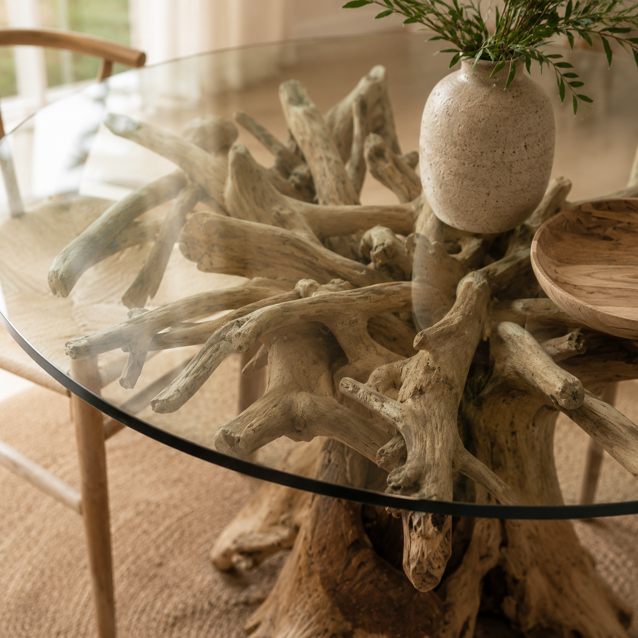 Close up of the top of a dining table made from the root of a teak tree with glass top