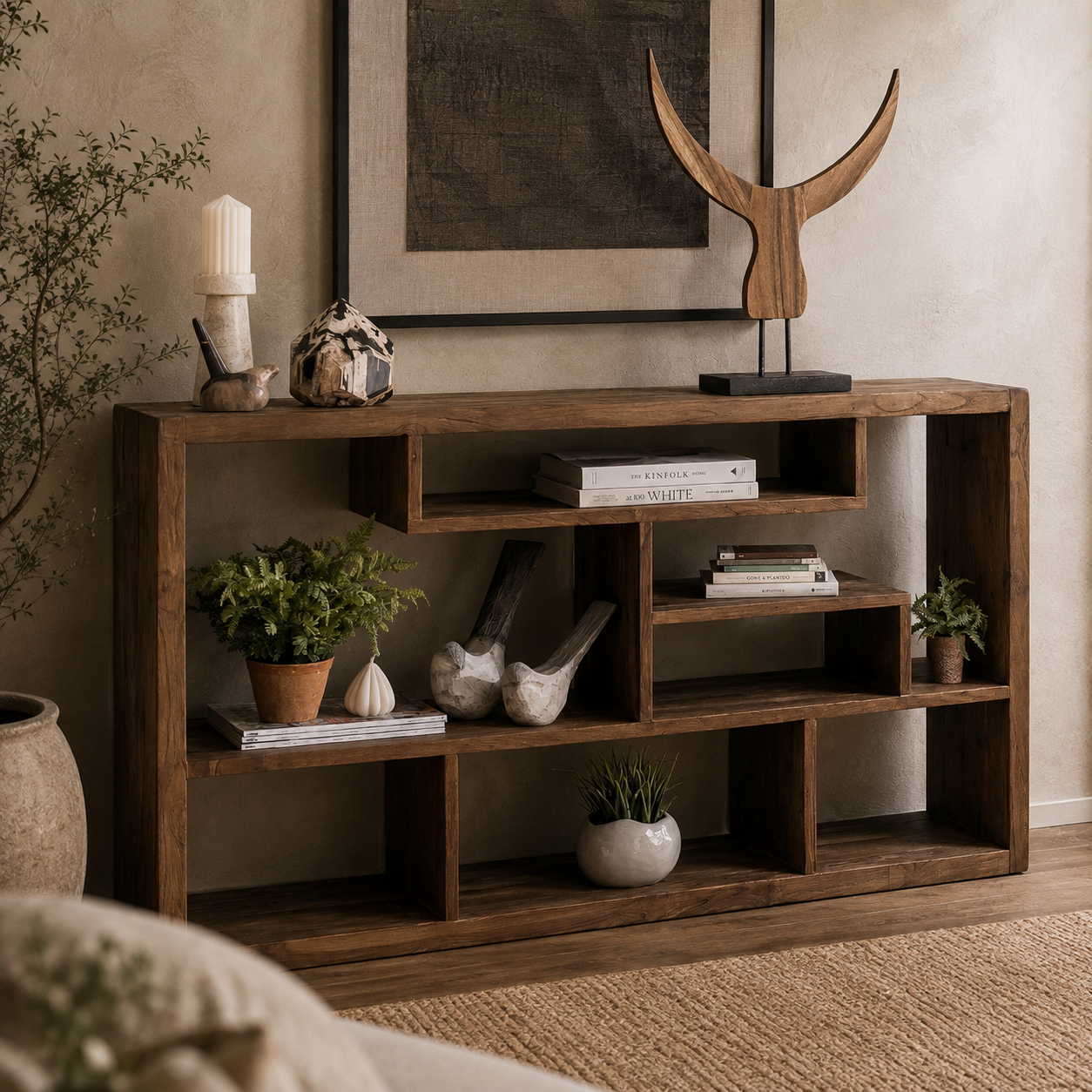 A rustic dark brown wooden cubby shelf styled in a cozy living room setting, holding books, small potted plants, ceramic bird figurines, and decorative objects.
