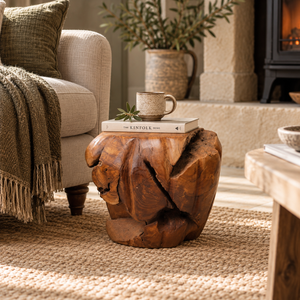 Rustic Teak Root Footstool, a sculptural stool handcrafted from solid teak root.