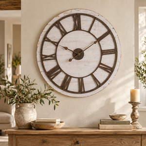 Rustic Wooden Clock With Aged Numerals And Hands above a wooden sideboard with olive branches in a stone jug, a wooden bowl, books and a pillar candle
