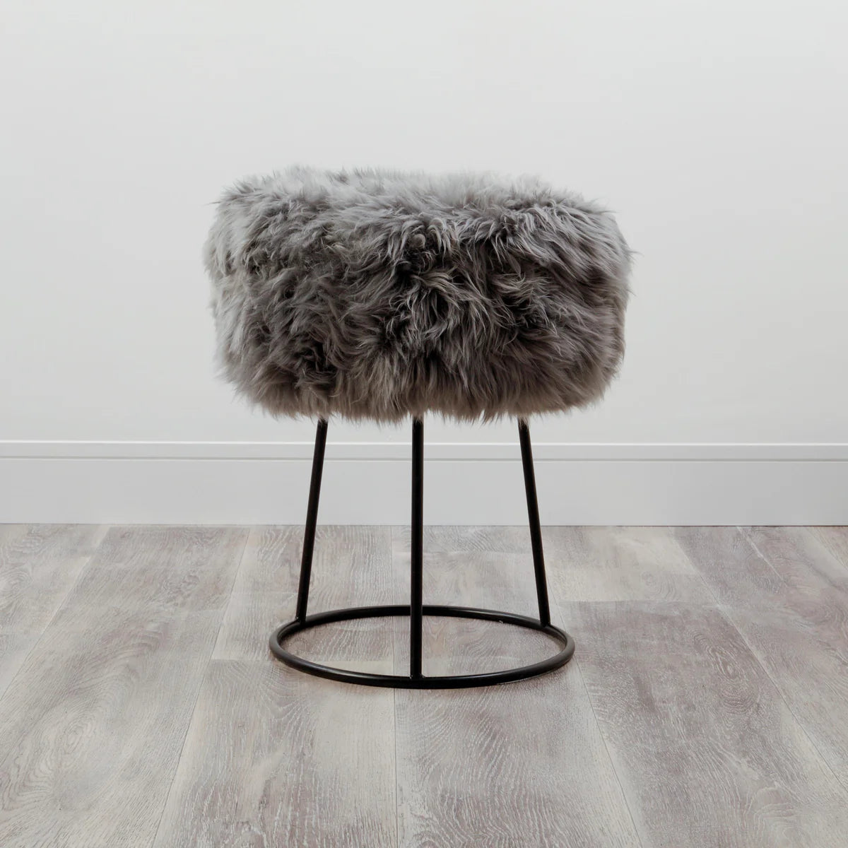 Grey Metal Sheepskin Stool | Natural Soft Wool Seating – Green & Gable