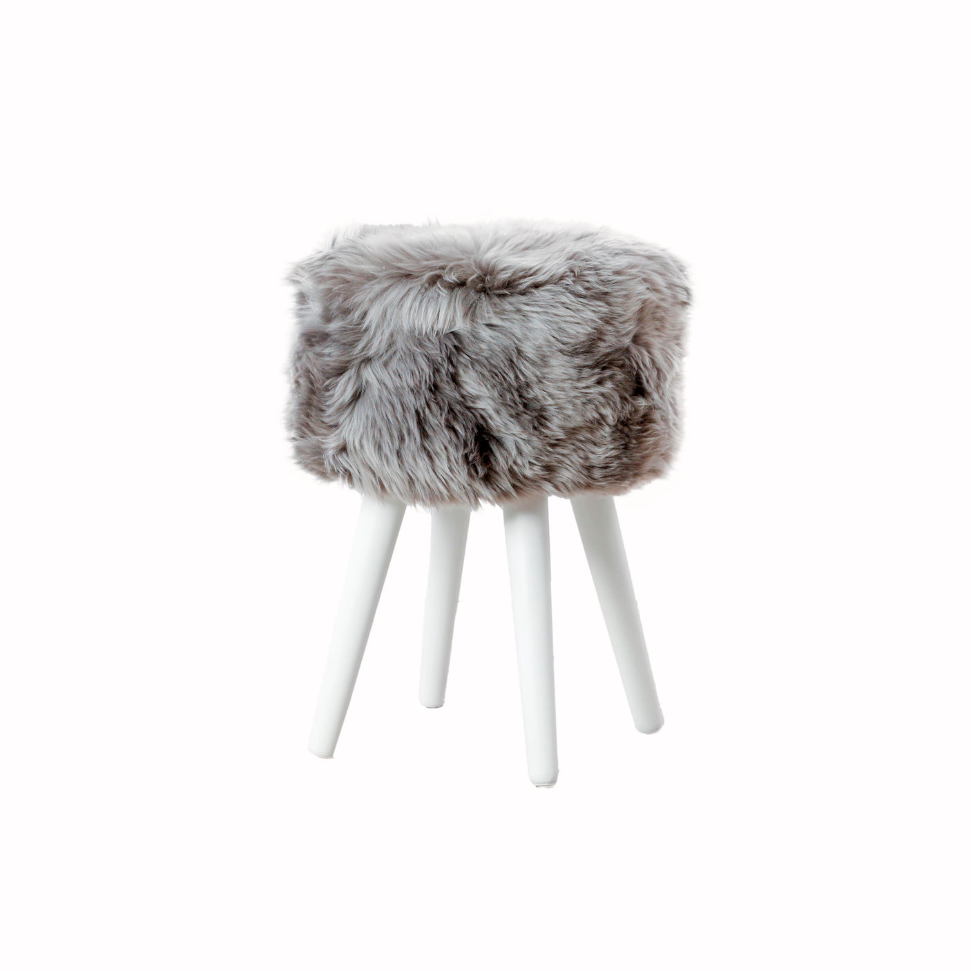 Grey Sheepskin Wood Stool - White