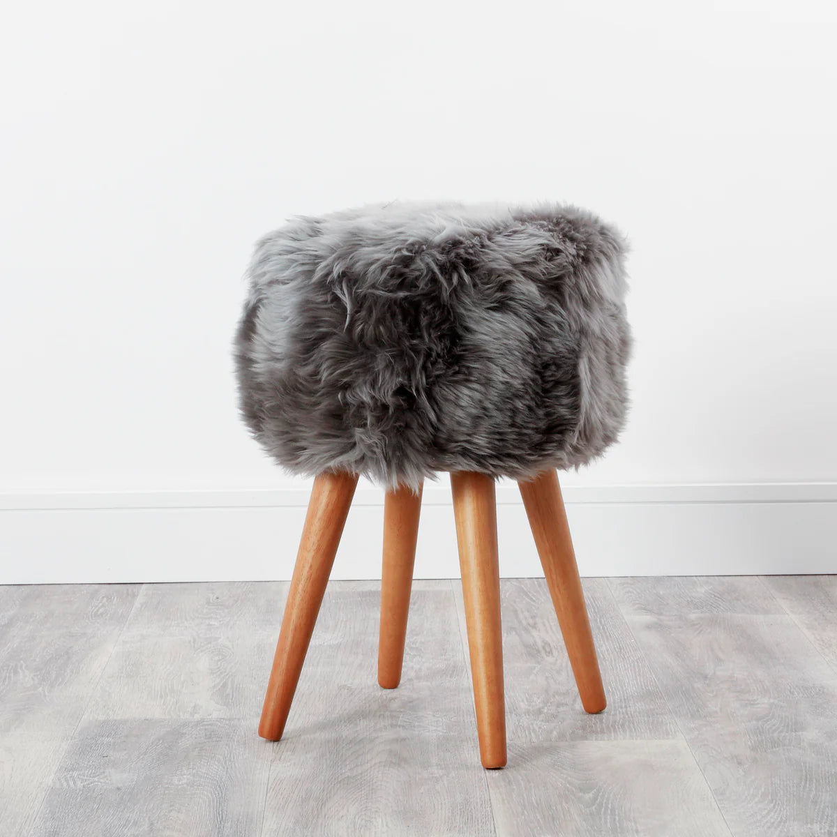 Grey Sheepskin Stool With Wooden Legs