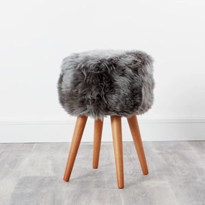 Grey Sheepskin Stool With Wooden Legs