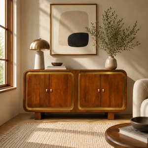 Wooden sideboard in a living room with decor elements