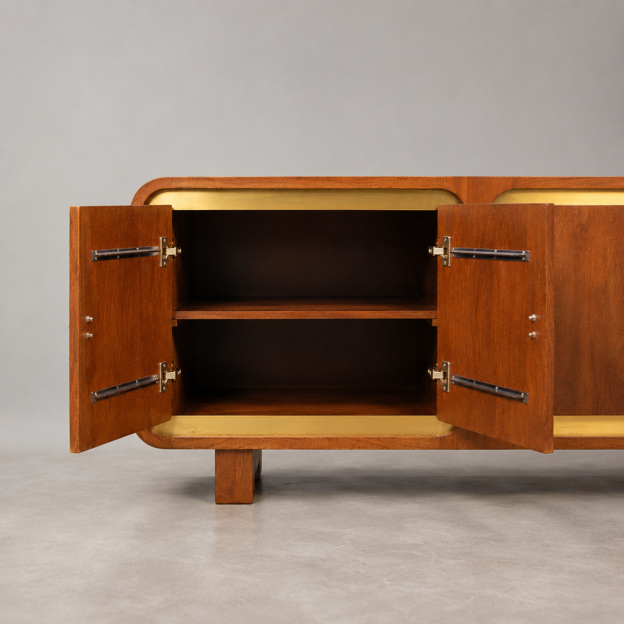 Wooden cabinet with open doors on a gray background