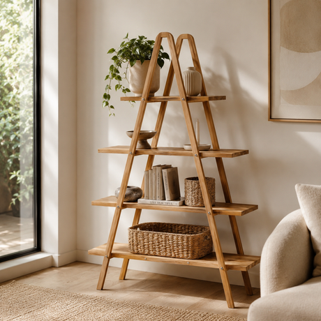 A natural wood A-frame ladder shelf styled with books, a potted plant, vases, and a woven basket in a bright, modern living room corner.