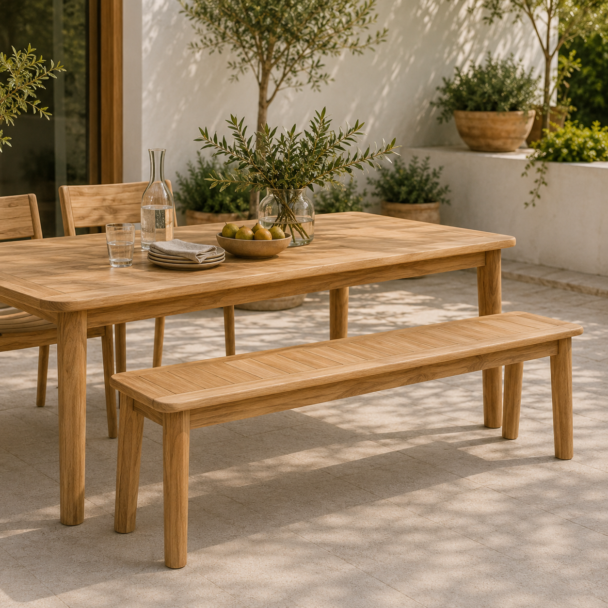 Shoreditch outdoor dining bench and table on a patio with greenery