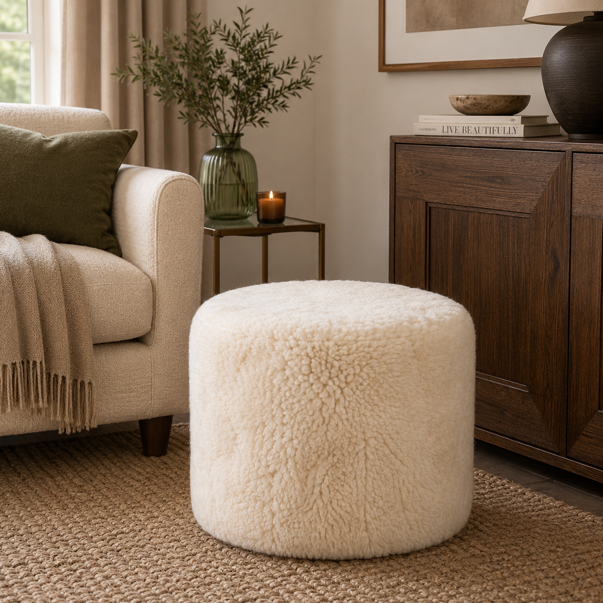 A round, fluffy off-white sheepskin or ottoman in a styled living room setting next to a beige armchair and a dark wood sideboard.