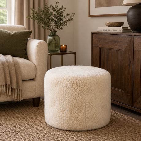 A round, fluffy off-white sheepskin or ottoman in a styled living room setting next to a beige armchair and a dark wood sideboard.