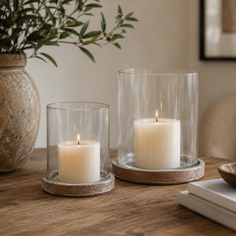 Two clear glass cylinder candle holders with lit white pillar candles, displayed on round stone-like coasters on a wooden table in a warm, styled interior setting.