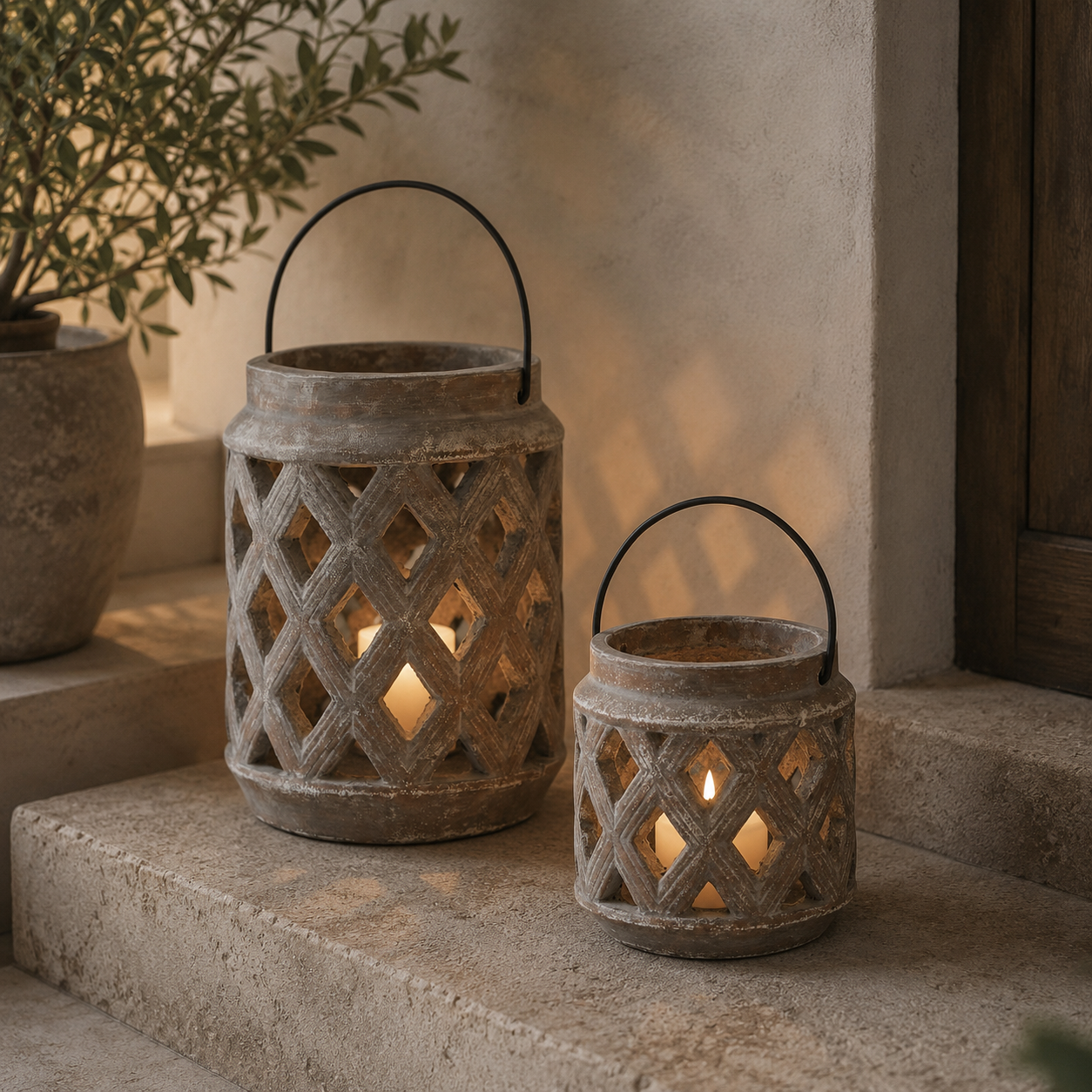 Two rustic lanterns on a stone surface with a plant in the background