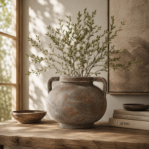 Decorative vase with green branches on a wooden surface, with books and a bowl in the background.