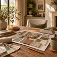 Signature Interior Design Experience concept board on a farmhouse table, with fabric, wood and stone samples, colour swatches and a room visual