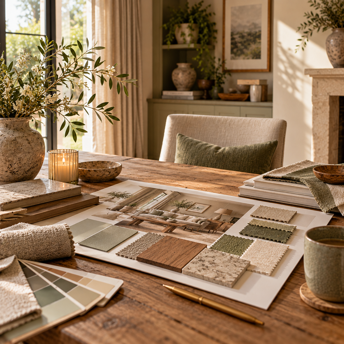 Signature Interior Design Experience concept board on a farmhouse table, with fabric, wood and stone samples, colour swatches and a room visual