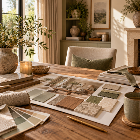 Signature Interior Design Experience concept board on a farmhouse table, with fabric, wood and stone samples, colour swatches and a room visual