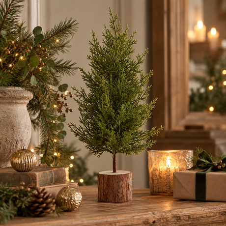 Small green fir tree in a round wood log on a wooden mantel beside a candle, pinecones and wrapped presents