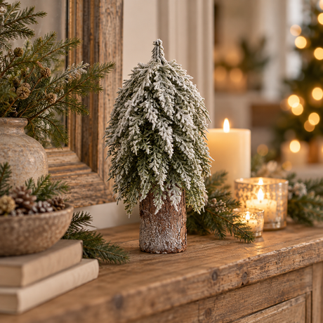 Small snowy fir tree on a tall bark-covered log on a mantel with lit candles and pine greenery