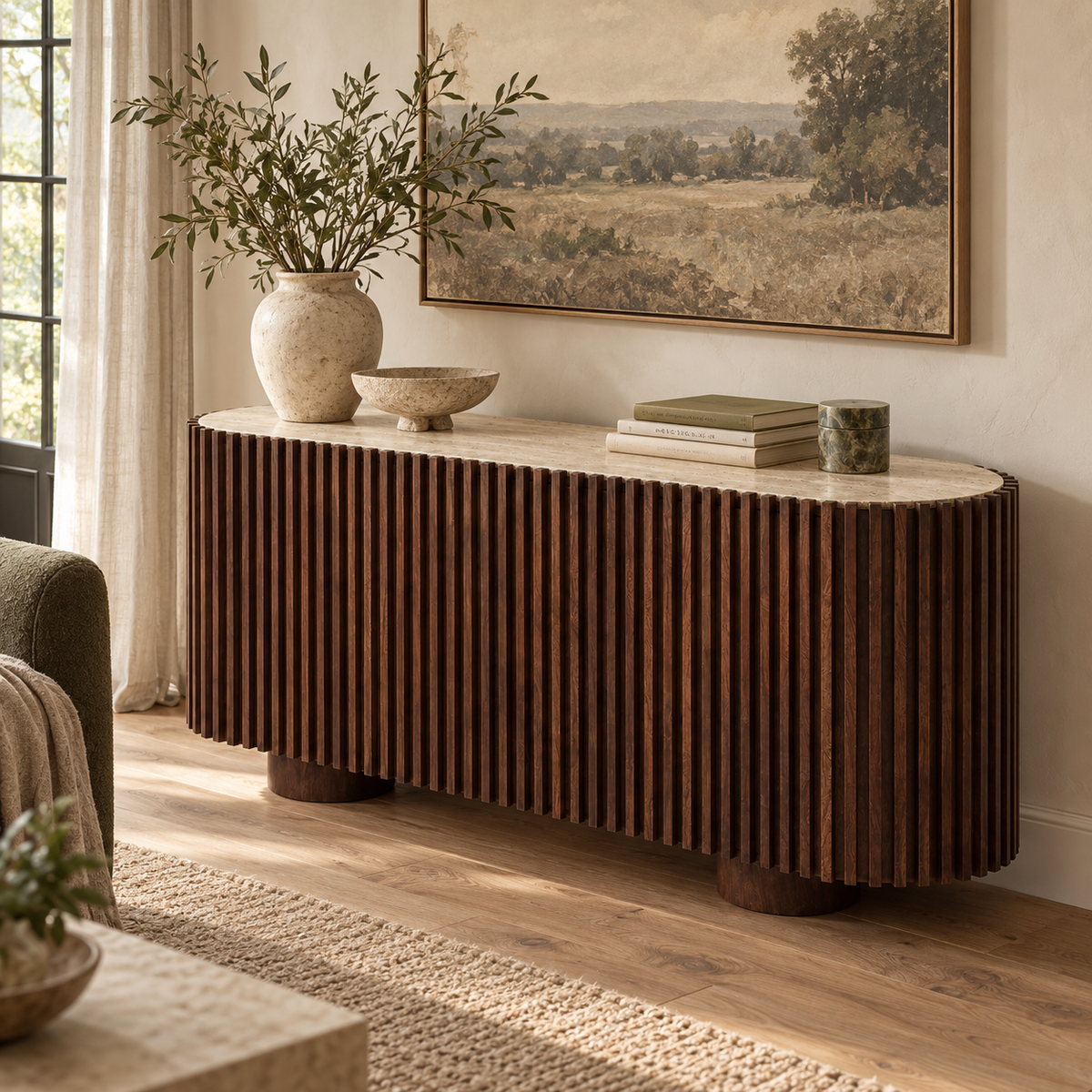 Solmere curved sideboard with travertine top and ribbed mango wood, styled with a vase, bowl and books beneath a landscape painting