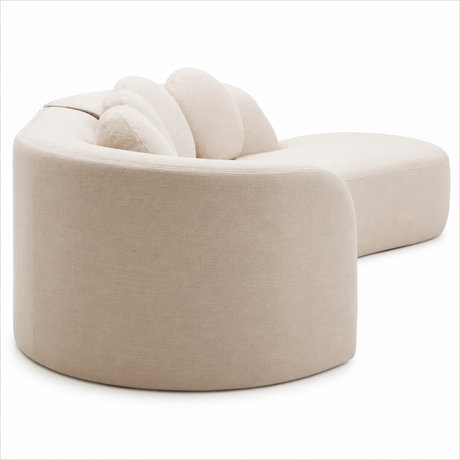 Cream linen curved modern sofa on a white background