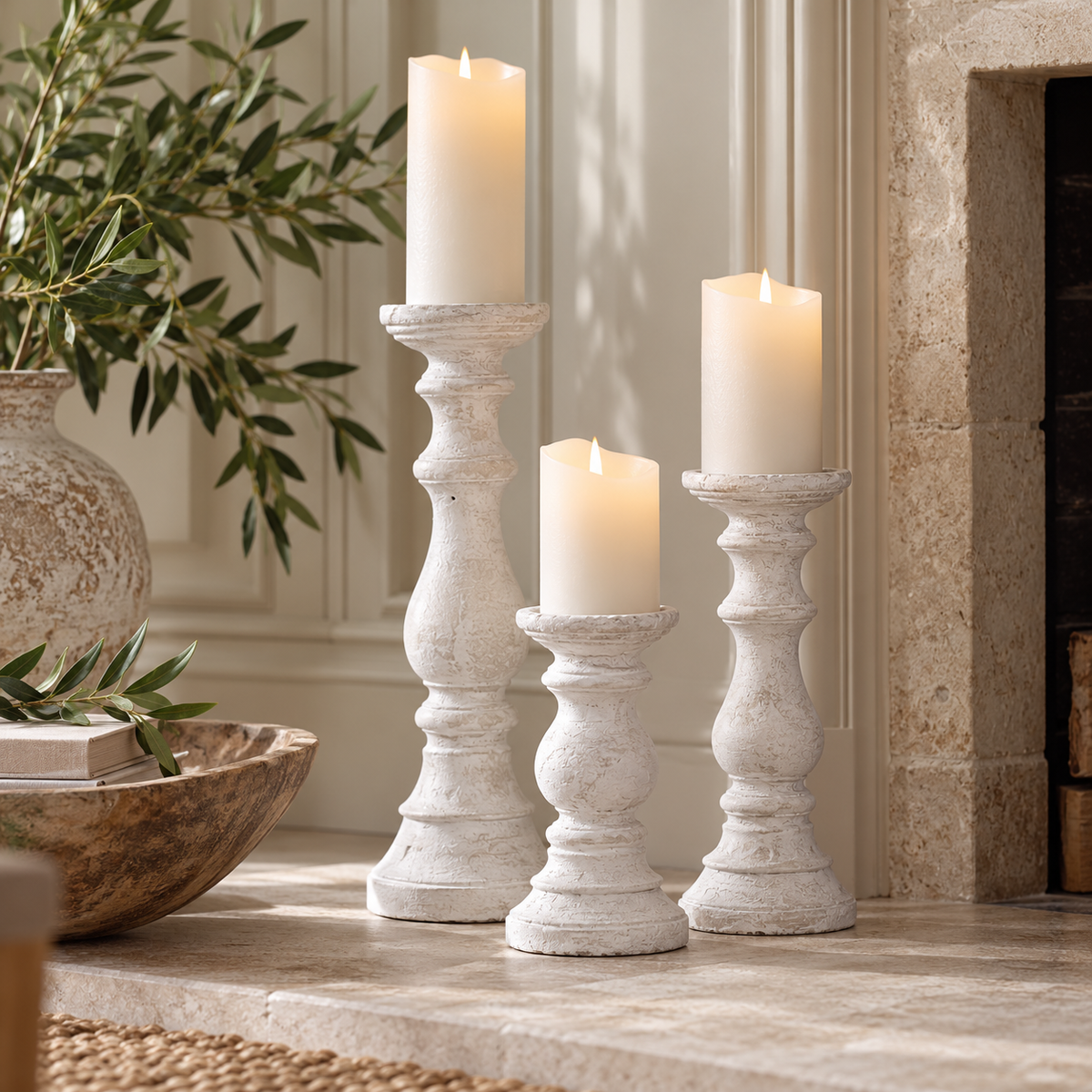 Three Stone Candle Holders in different heights with cream pillar candles, grouped on a stone hearth beside a fireplace and a vase of olive branches