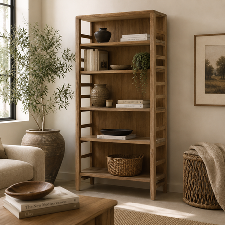A tall, five-tier wooden bookcase with open shelving stands in a styled living room corner. The bookcase is styled with books, ceramic vases, a small potted plant, and a woven basket on the bottom shelf.