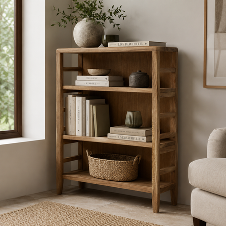 A rustic four-tier wooden bookshelf with open shelves and ladder-style side supports, styled with books, vases, a basket, and a potted plant in a bright living room corner.