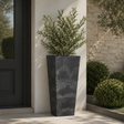 A tall black artstone planter in an outdoor setting against a cream wall with plants and a black front door