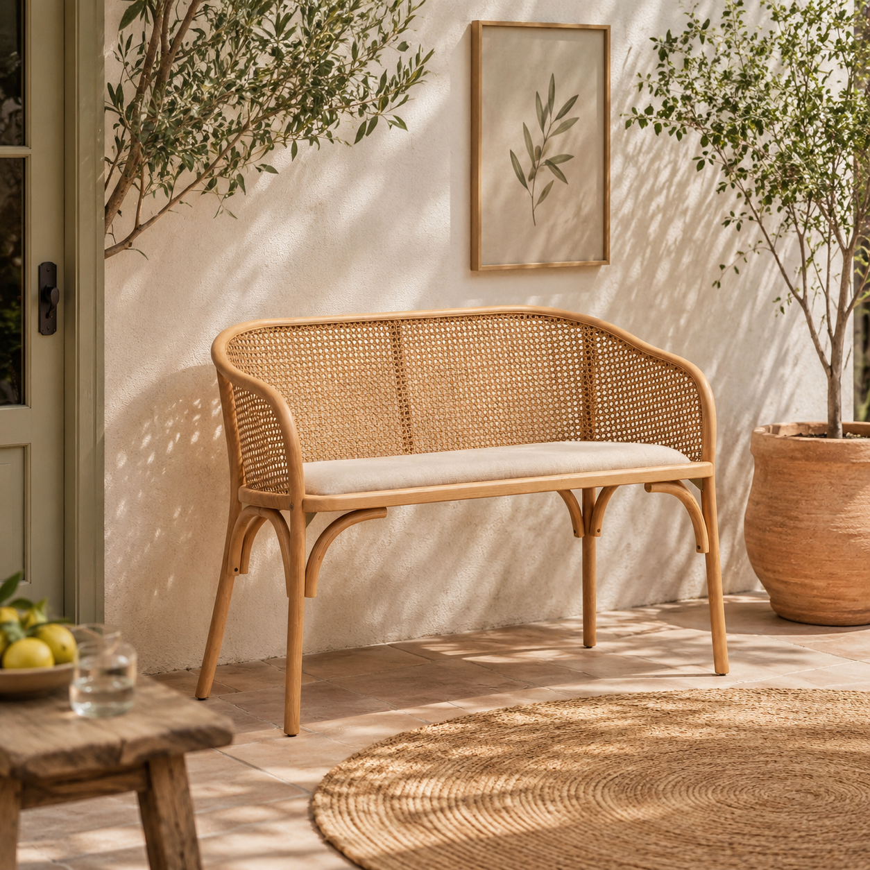 Wicker bench with cushion on a patio with plants and a wall art piece.