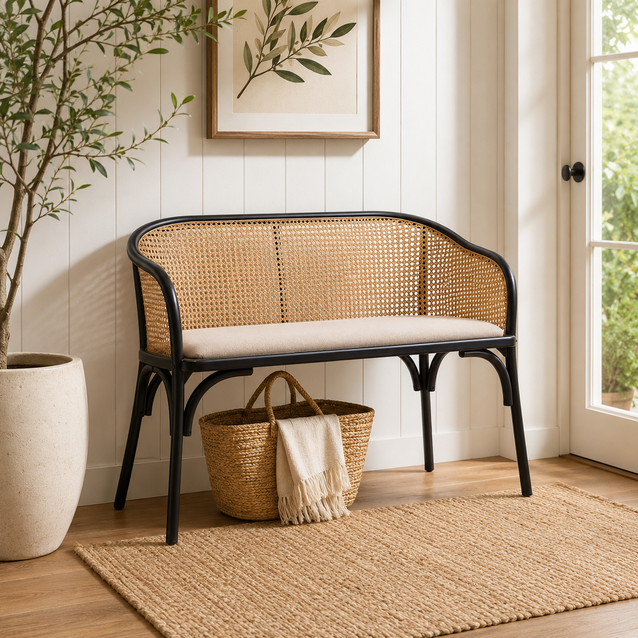 Wicker bench with black frame in a room with a plant, basket, and rug.
