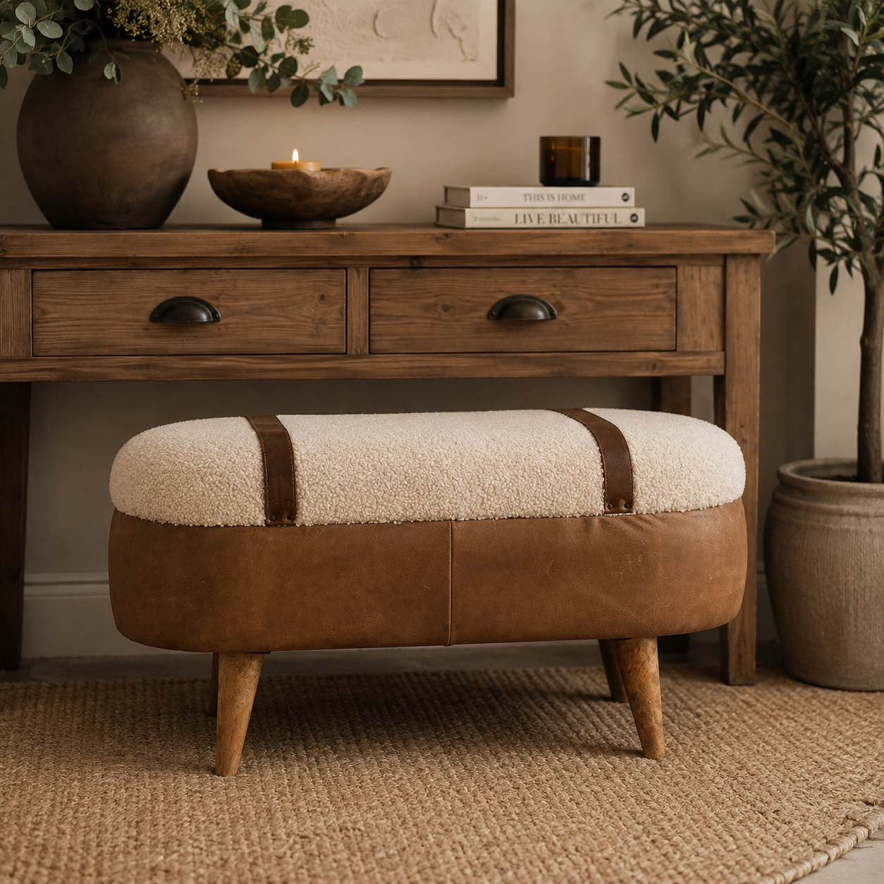 A brown leather and cream bouclé ottoman stool with tapered wooden legs, styled in a warm, rustic living room setting in front of a wooden console table.