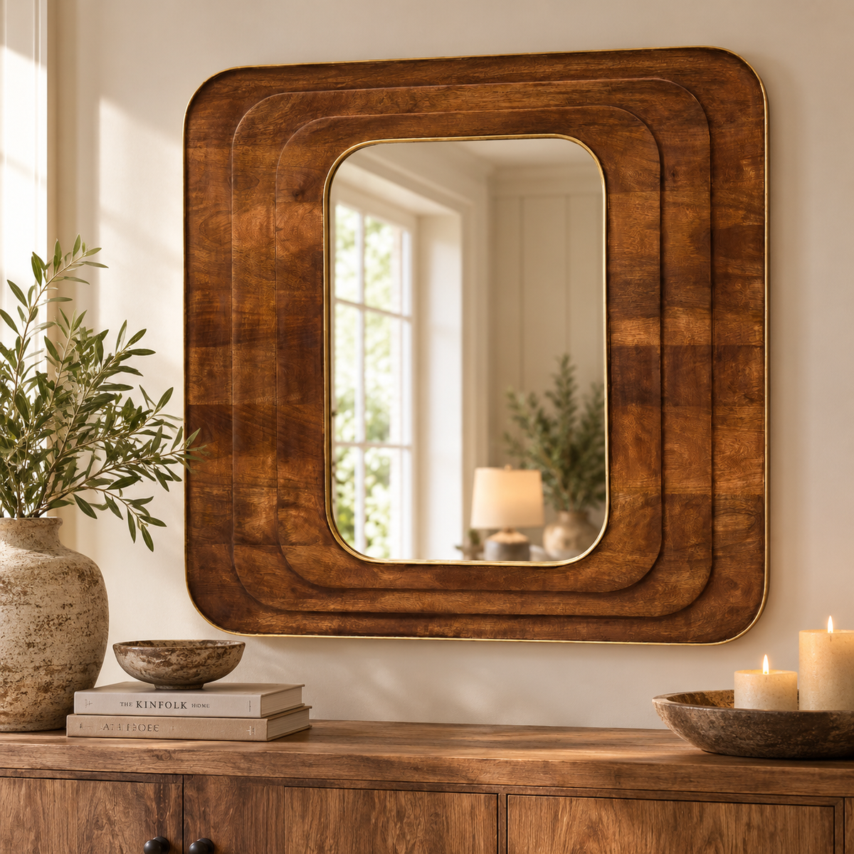 Tara Carved Mango Wood Wall Mirror hung above a rustic wooden sideboard with a stone vase of olive branches, a wooden bowl, books and candles