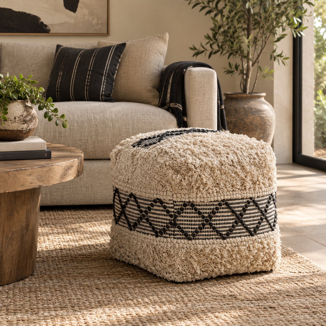 A square shaggy pouffe in cream with a black geometric pattern band, placed in a styled living room next to a beige sofa and a wooden coffee table.