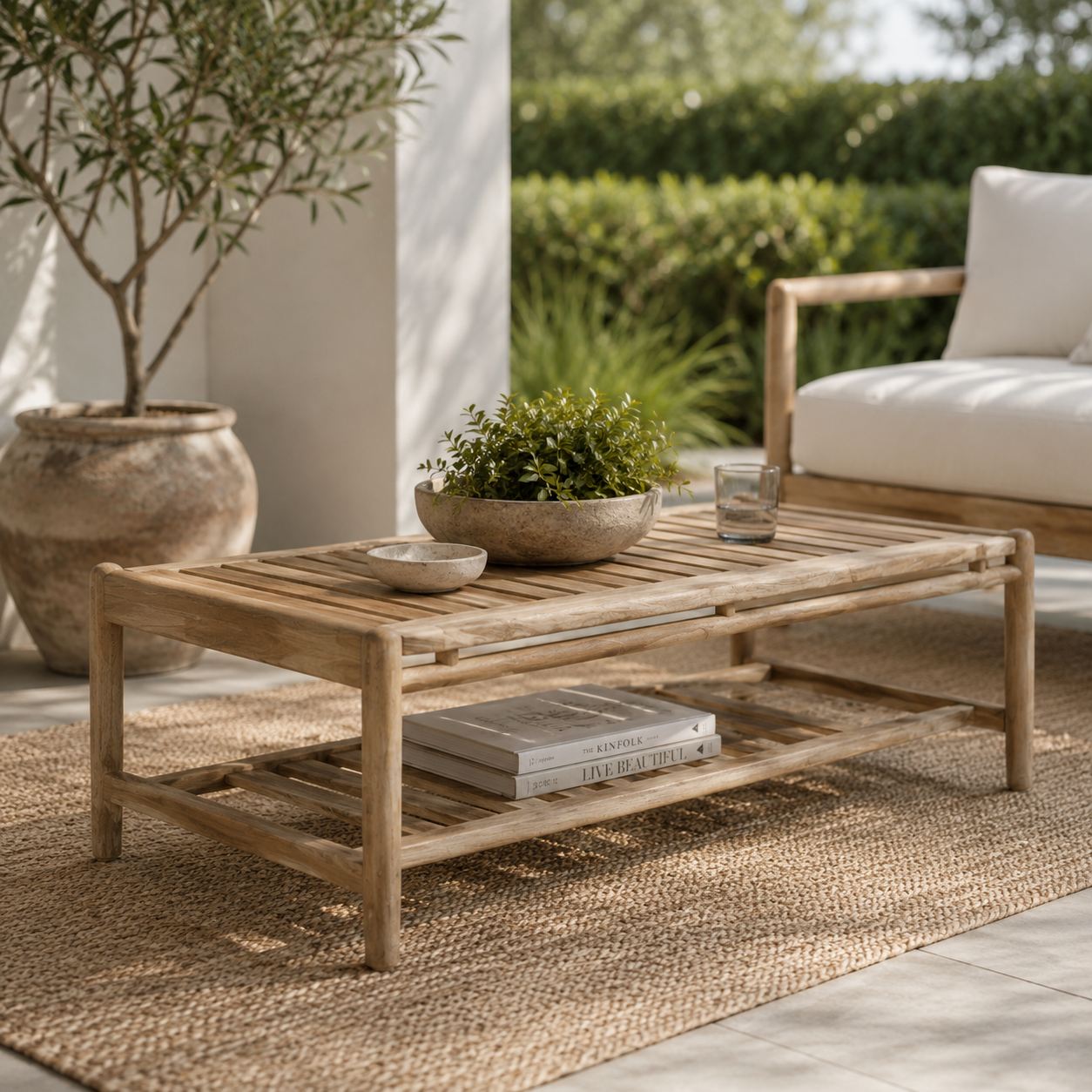 Natural wood outdoor coffee table with a slatted top and lower shelf, styled on a neutral rug in a bright, sunlit patio setting with a wooden bench and greenery.