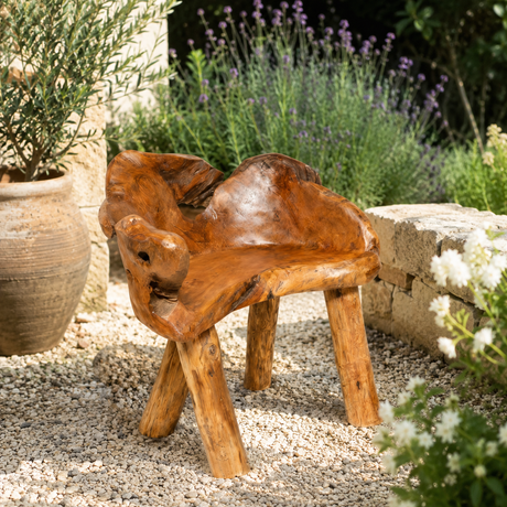 An outdoor teak root chair in a garden with plants and flowers