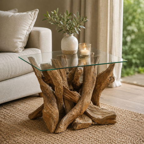 Glass coffee table with teak tree root base in a living room setting