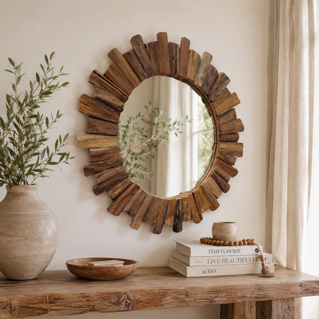 Round teak wooden mirror on a beige wall above a wooden console with a vase, books and a wooden bowl